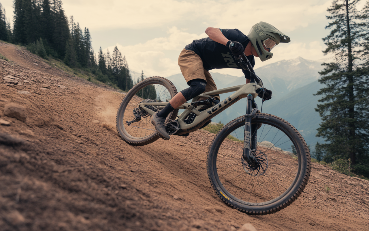 Un cycliste de montagne effectue une dérive sur un sentier accidenté, entouré de paysages montagneux et d'arbres.