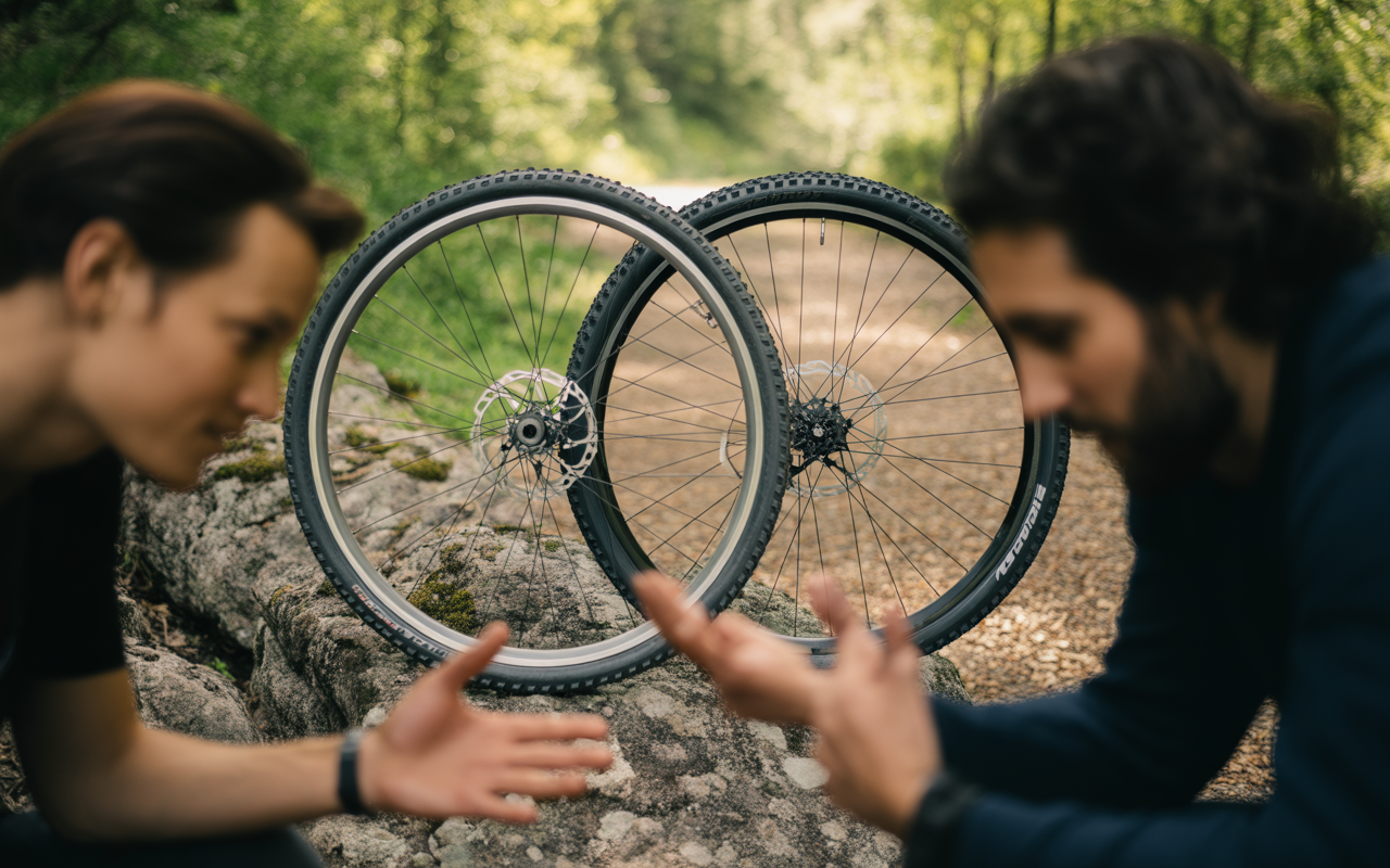 Deux hommes discutent près de deux roues de vélo sur un chemin forestier, gesticulant avec enthousiasme.