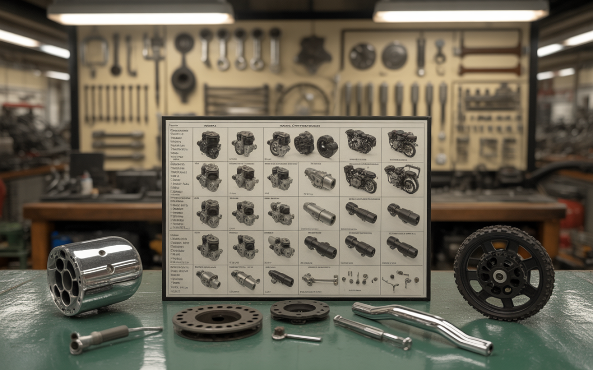 Table de travail avec des pièces mécaniques, un diagramme de composants, outils suspendus en arrière-plan, et une ambiance d'atelier.