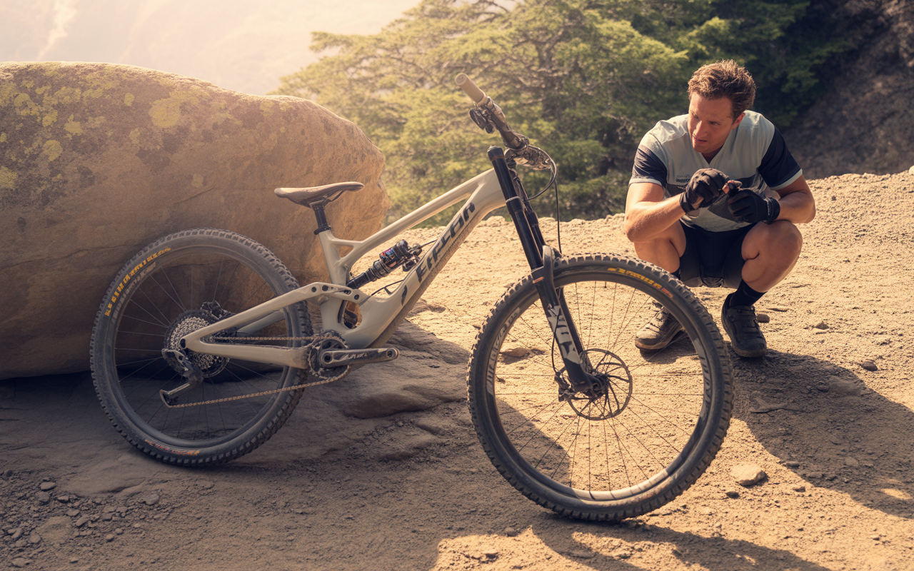 Un cycliste examine son vélo de montagne près d'un rocher, dans un paysage naturel ensoleillé.