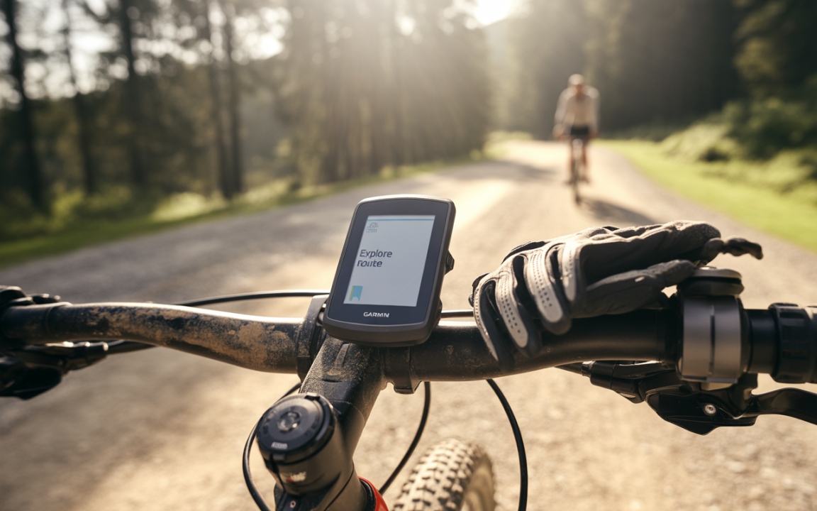 Un vélo avec un écran Garmin affichant "Explore route" sur un chemin forestier, au soleil, avec un cycliste en arrière-plan.