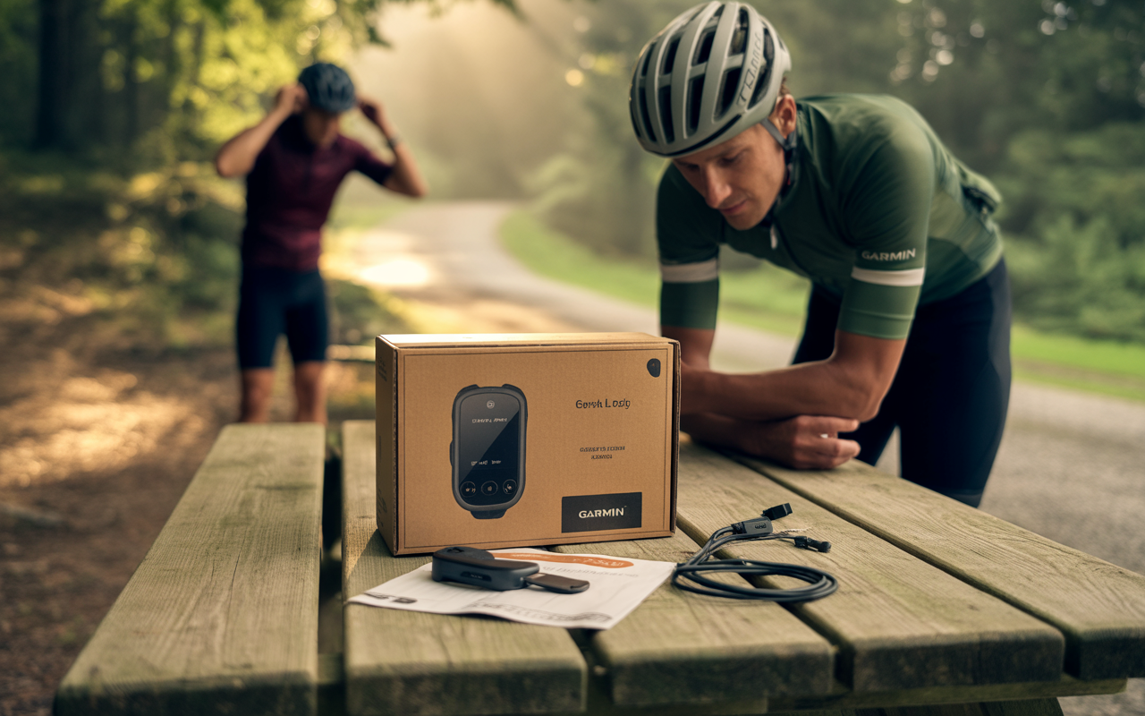 Un compteur Garmin est posé sur une table en bois, avec un cycliste en arrière-plan, discutant sur son smartphone dans un environnement naturel.