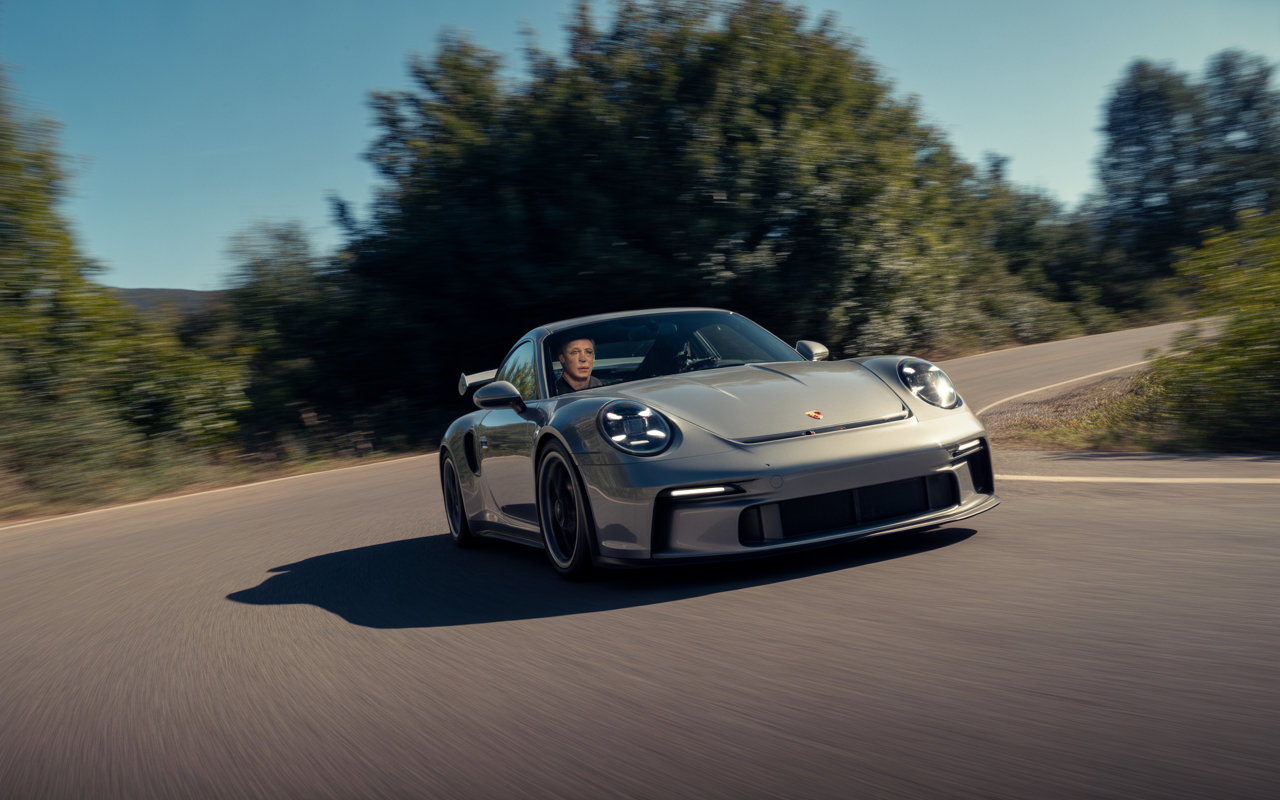 Une Porsche grise dynamique sur une route sinueuse, avec un conducteur concentré, entourée de verdure sous un ciel clair.