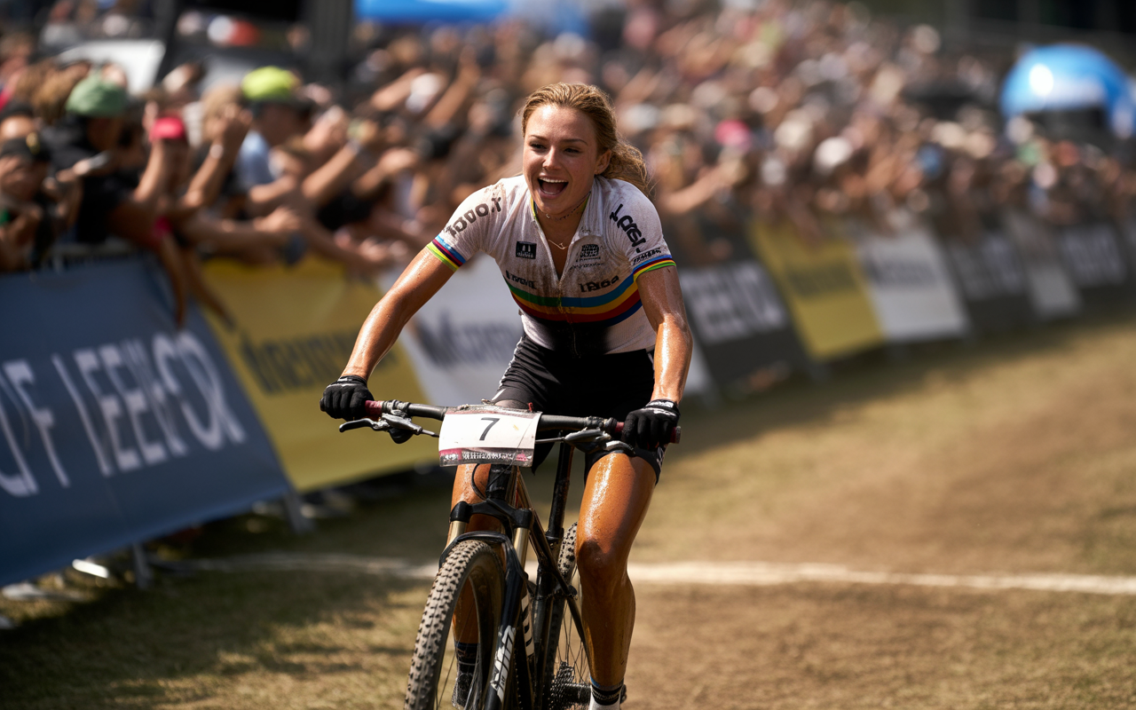 Coureuse de VTT souriante, vêtue d'un maillot aux couleurs de l'arc-en-ciel, franchissant la ligne d'arrivée devant une foule enthousiaste.