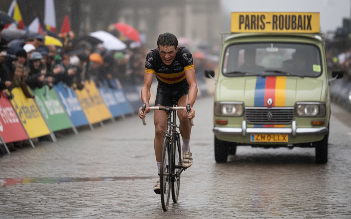 Un cycliste grimace sous la pluie, passant devant un véhicule vintage marqué "PARIS-ROUBAIX", entouré de spectateurs sous des parapluies.