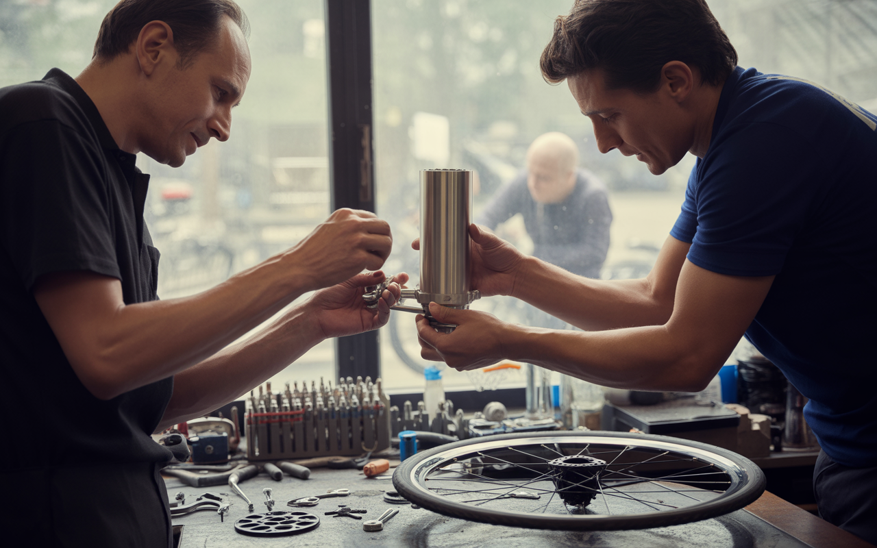 Deux hommes travaillent ensemble sur un composant métallique dans un atelier, entourés d'outils et d'une roue de vélo.