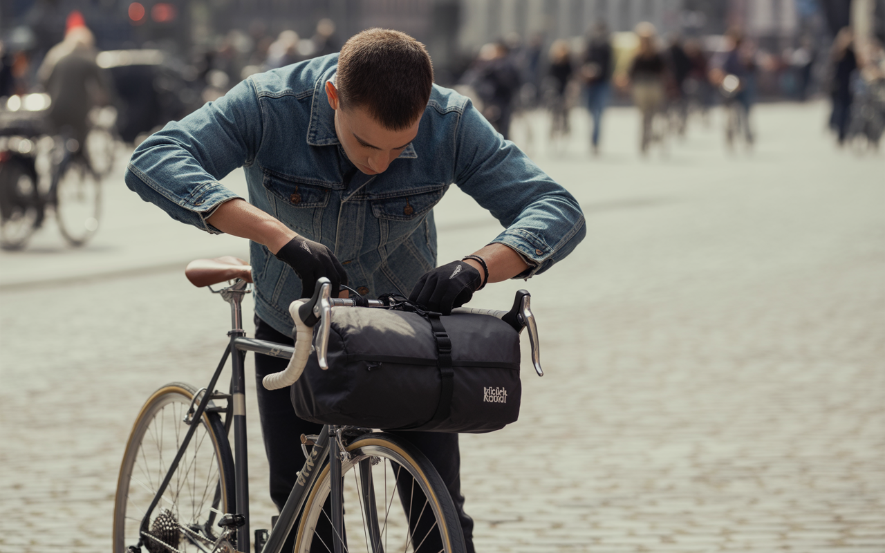 Un jeune homme en veste en jean ajuste un sac noir sur le guidon de son vélo, dans une rue animée.