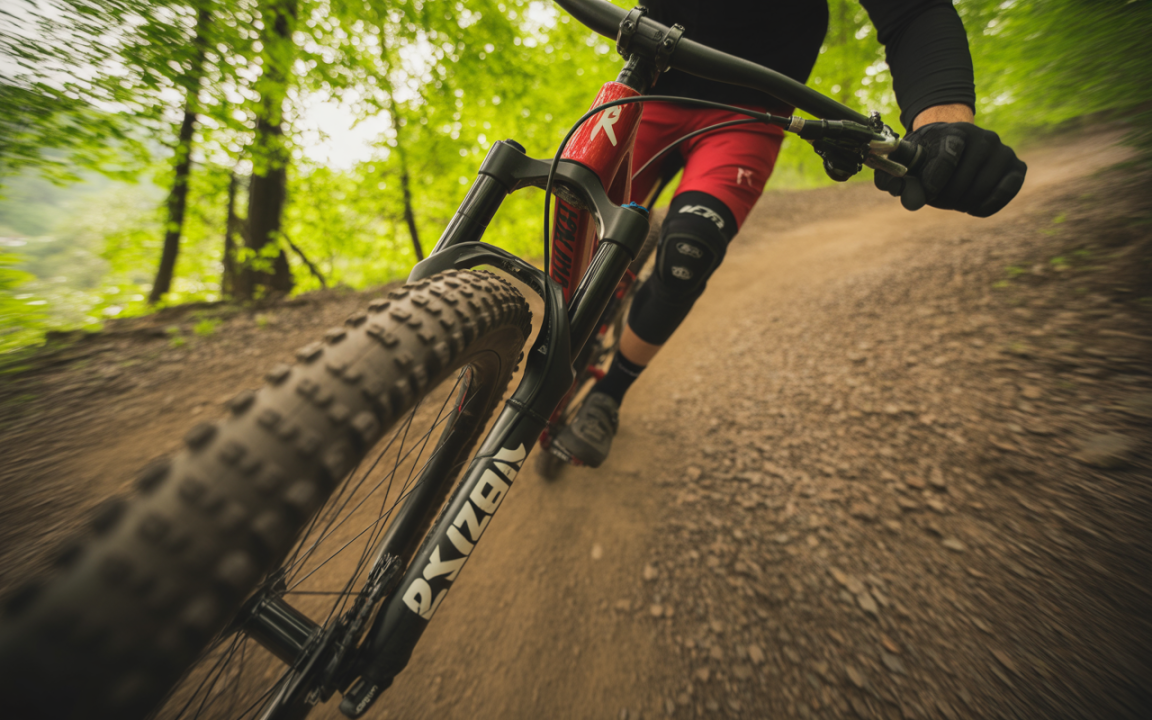 Un cycliste s'élance sur un sentier forestier, un gros plan sur la roue et le cadre d'un VTT en mouvement.