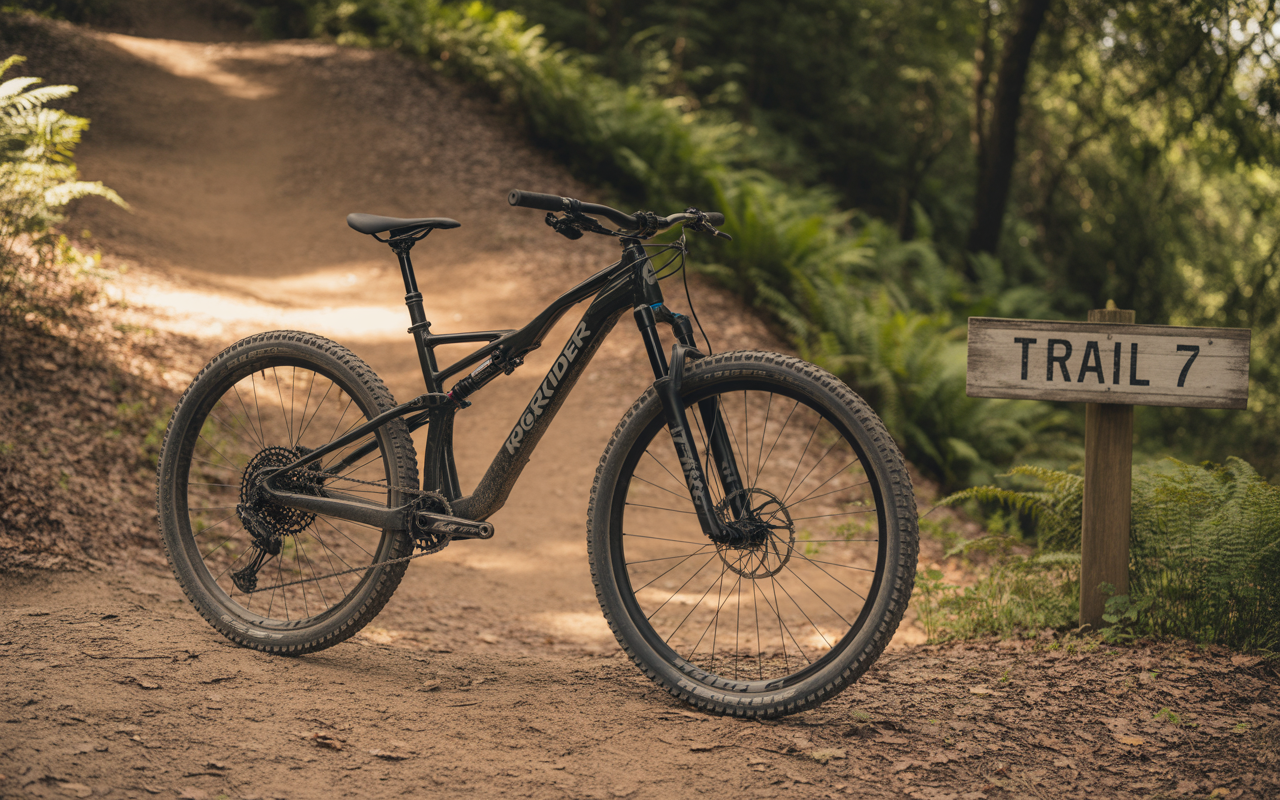 Vélo de montagne noir posé sur un chemin forestier, à côté d'un panneau indiquant "Trail 7". Environnement verdoyant.