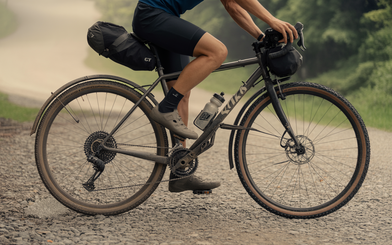 Un cycliste sur un vélo tout terrain avec des sacoches, sur un chemin de gravier, entouré de verdure.