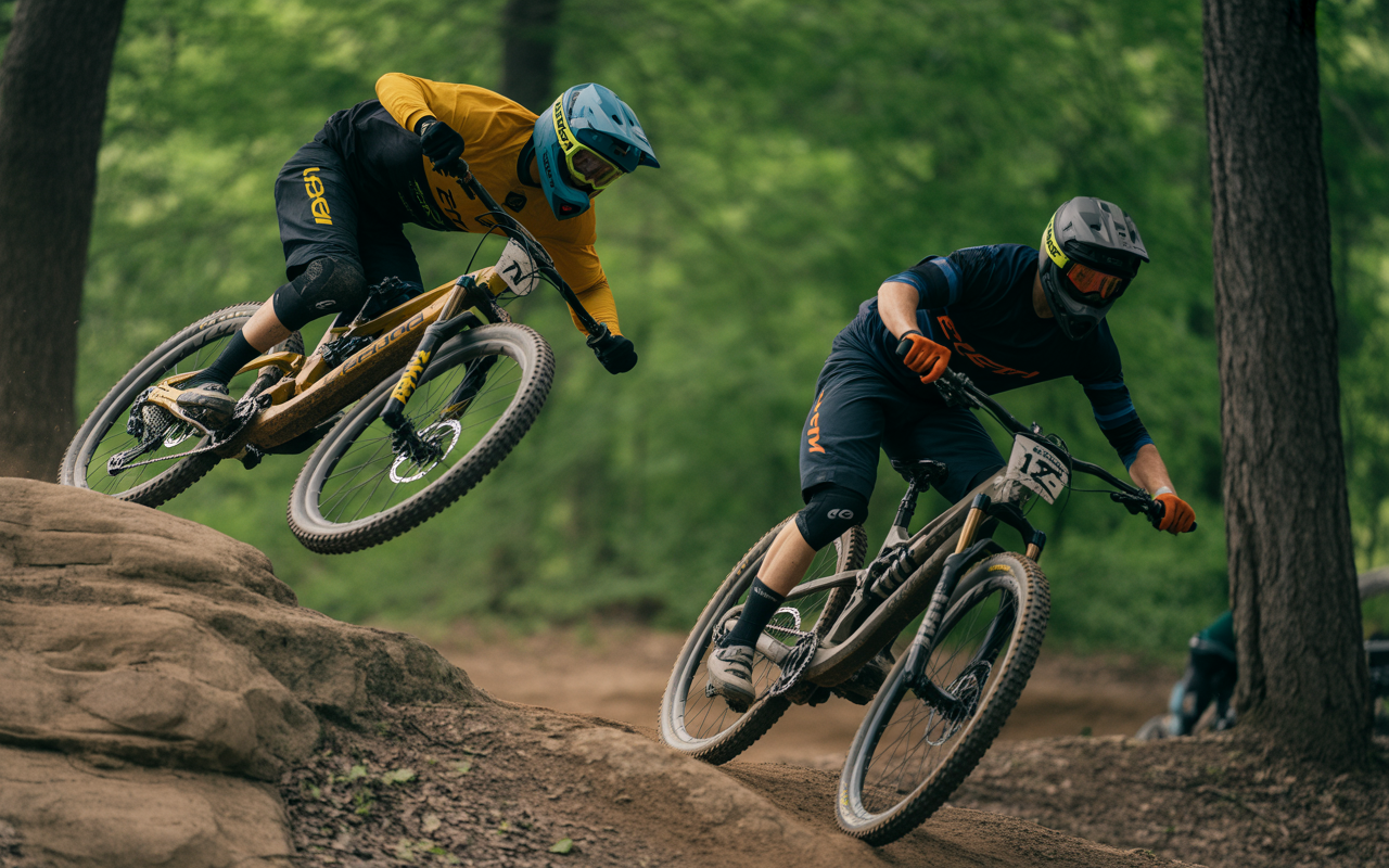 Deux cyclistes de montagne effectuent un saut sur un sentier en pleine forêt, entourés d'arbres verdoyants.