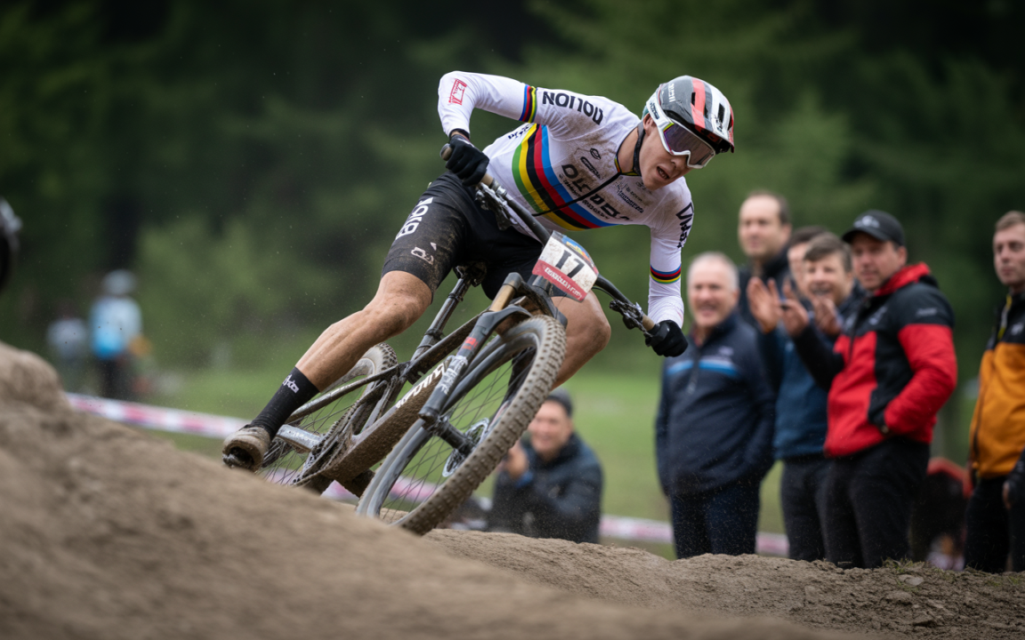 Cycliste en action sur un terrain accidenté, spectateurs applaudissant en arrière-plan, ambiance de compétition intense.
