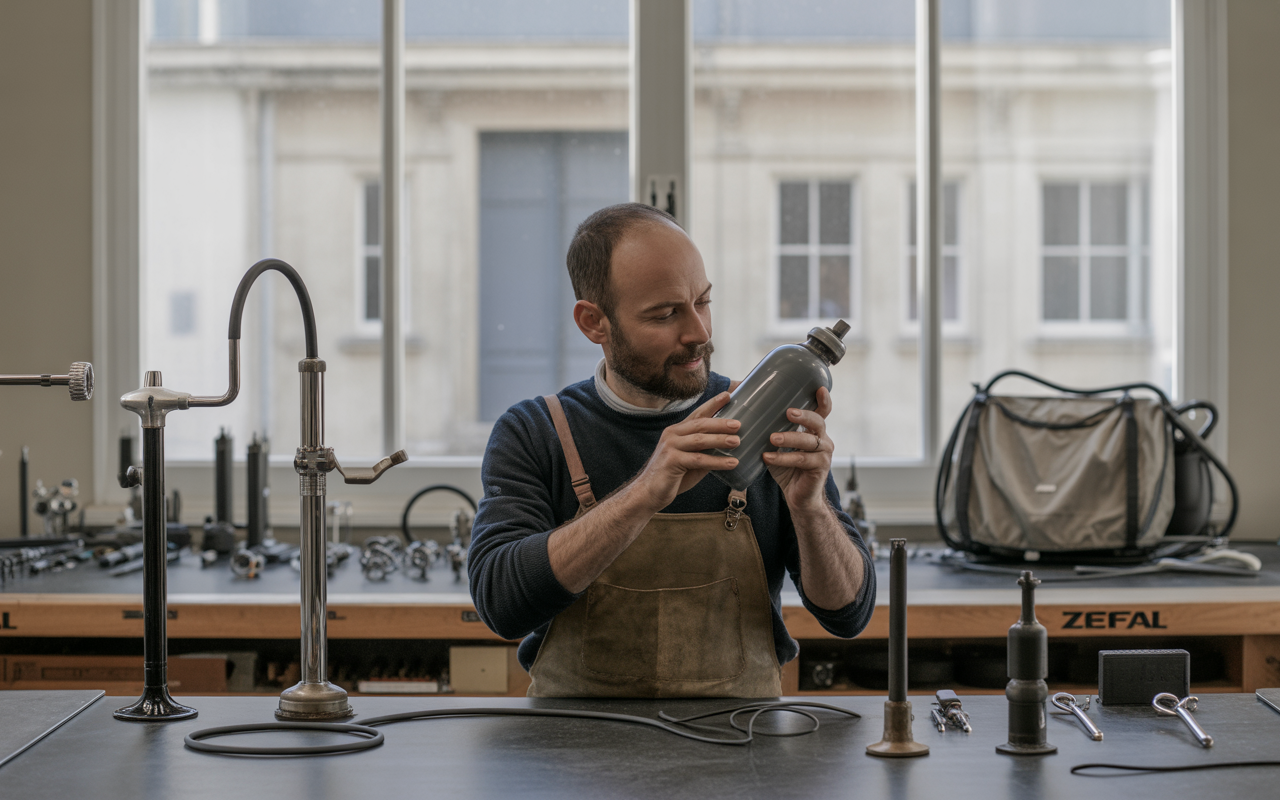 Un homme examine une bouteille dans un atelier, entouré d'outils et d'équipements variés, avec des fenêtres lumineuses en arrière-plan.