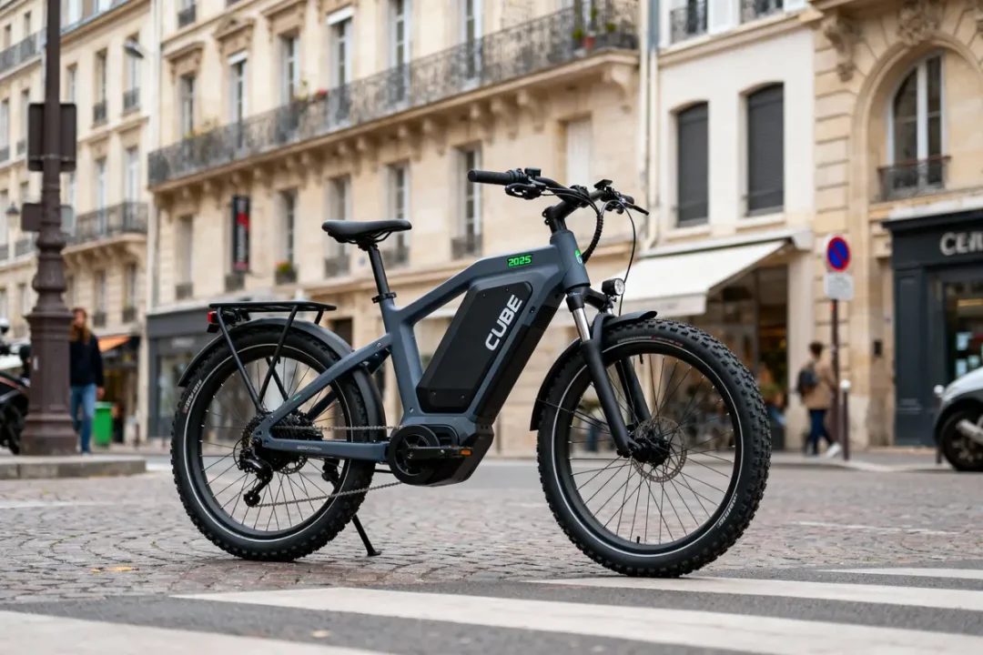 Vélo électrique Cube noir stationné sur rue pavée avec bâtiments anciens en arrière-plan.