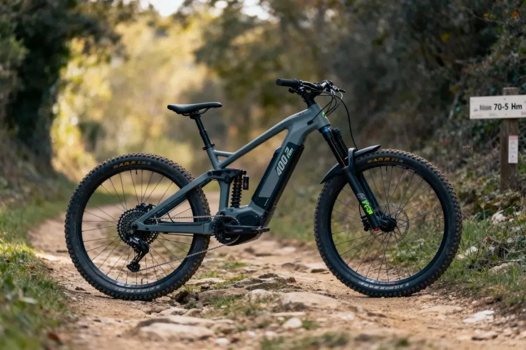 Vélo électrique tout-terrain gris sur un chemin forestier, entouré de verdure.