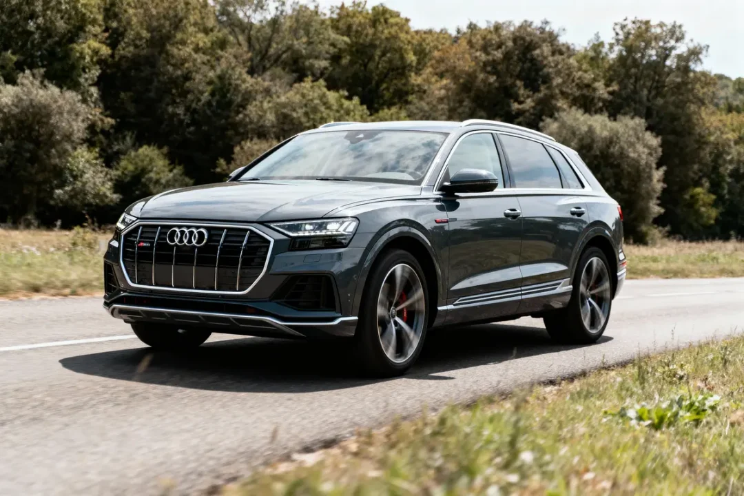 SUV Audi gris foncé roulant sur une route bordée d'arbres par temps ensoleillé.