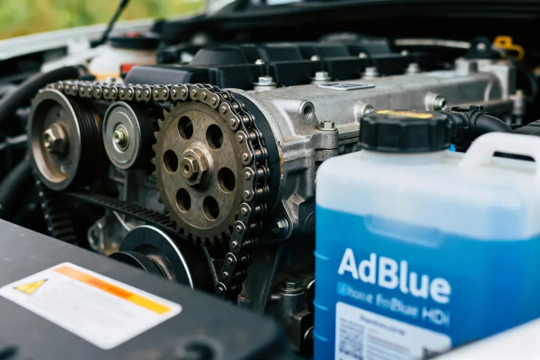 Moteur de voiture diesel avec courroie visible et bidon d'AdBlue au premier plan, sous le capot.