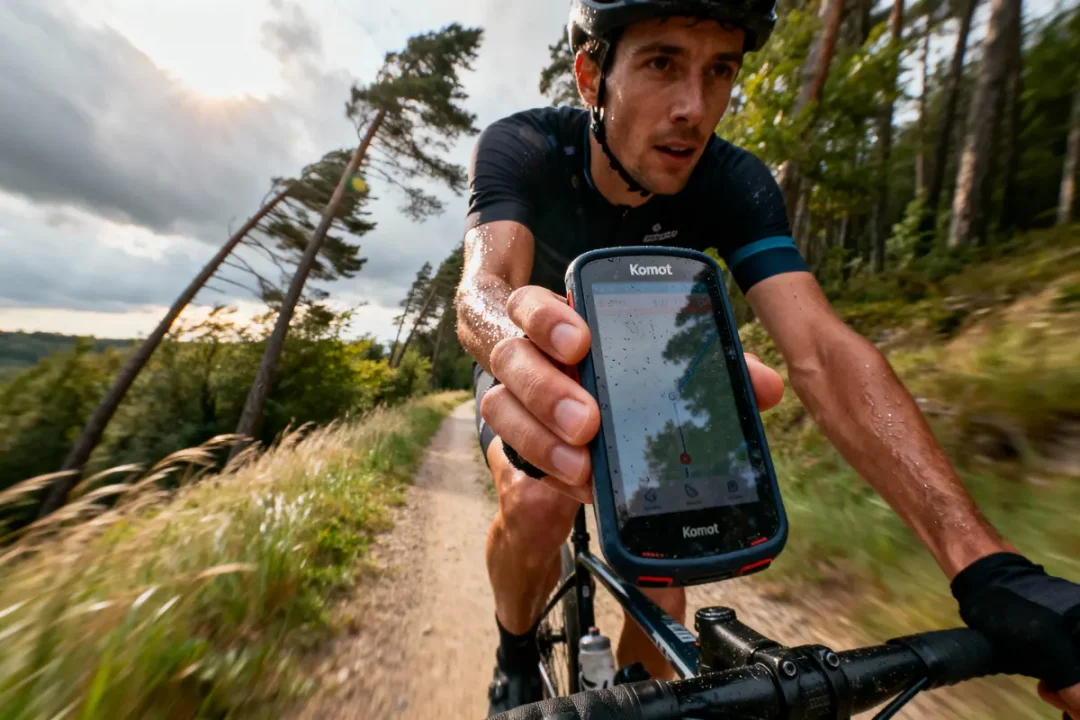 Cycliste tenant un GPS sur un chemin forestier, en vêlo de montagne, avec ciel nuageux en arrière-plan.