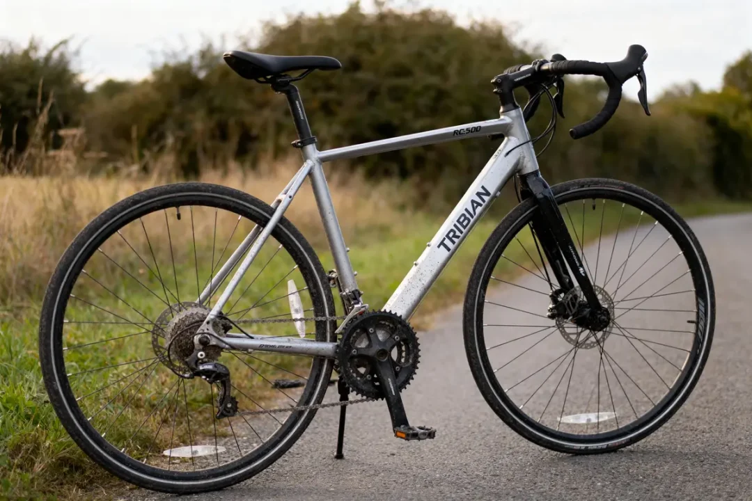 Vélo de route Triban RC500, cadre argenté, posé sur une route, arbres en arrière-plan.