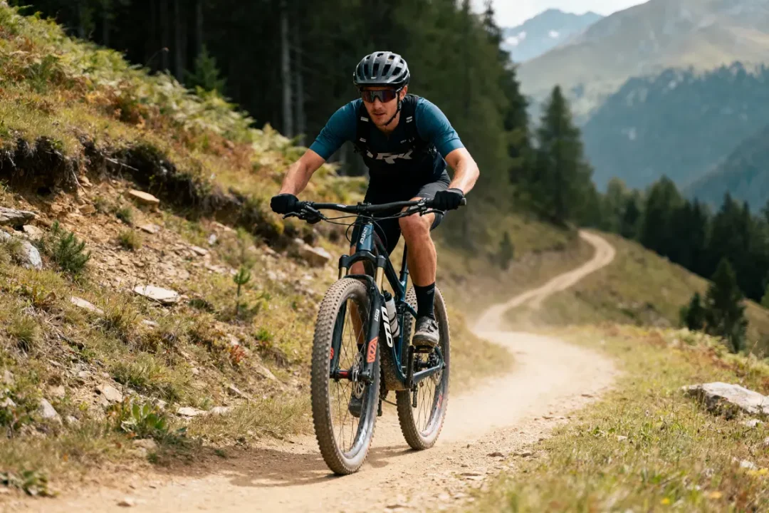 Cycliste VTT sur chemin de montagne, forêt en arrière-plan, portant casque et lunettes de protection.