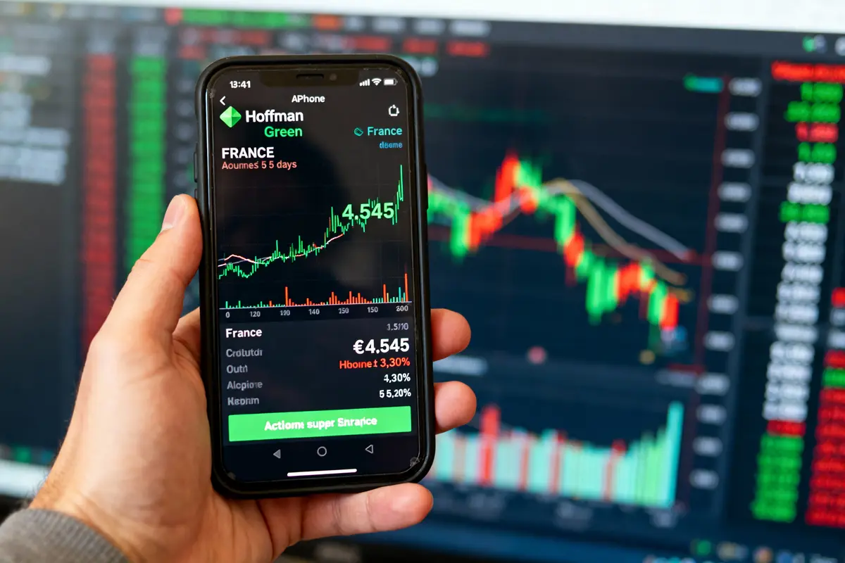 Main tenant un smartphone affichant un graphique boursier, écran d'ordinateur également avec données financières en arrière-plan.