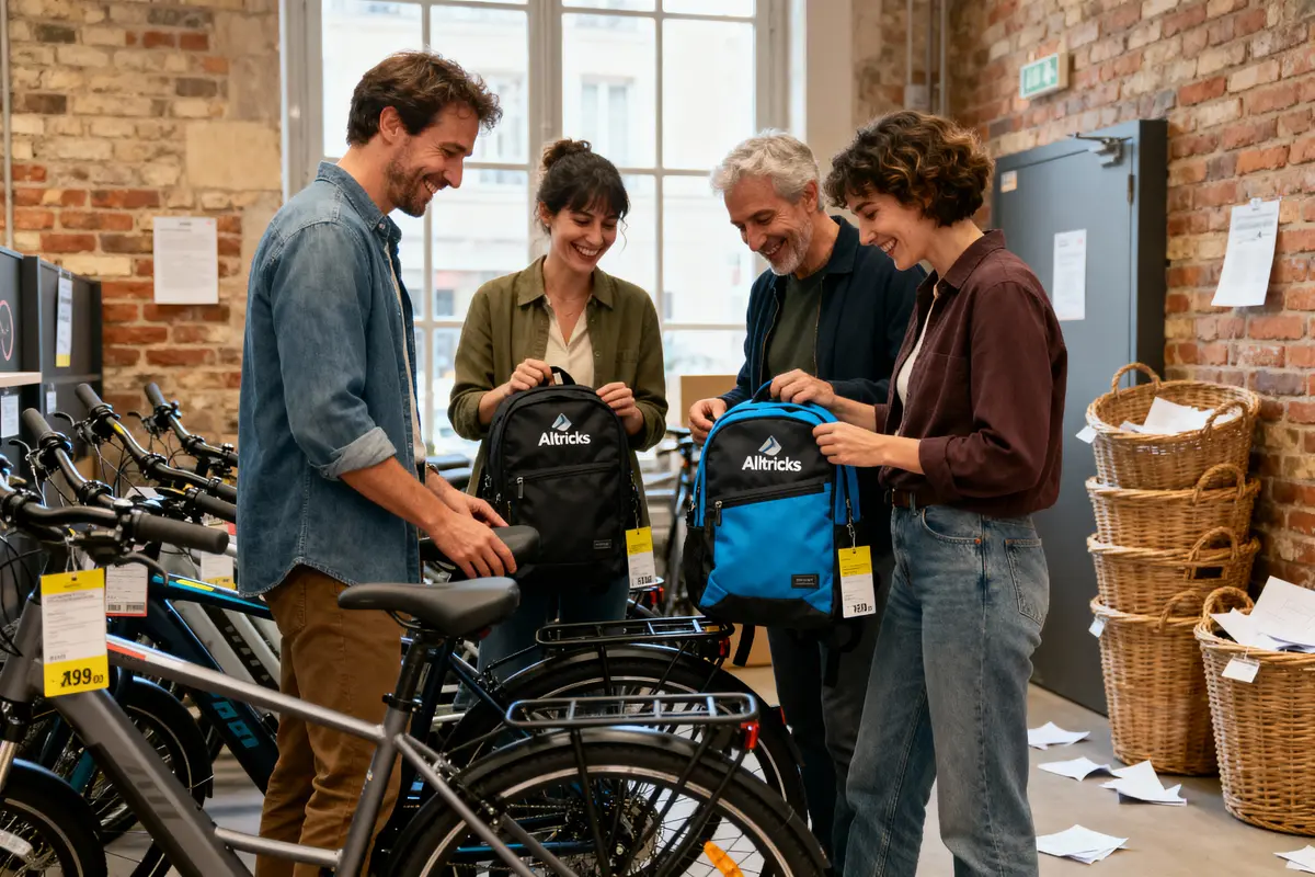 Quatre personnes souriantes examinent des sacs à dos Alltricks dans un magasin de vélos en intérieur.