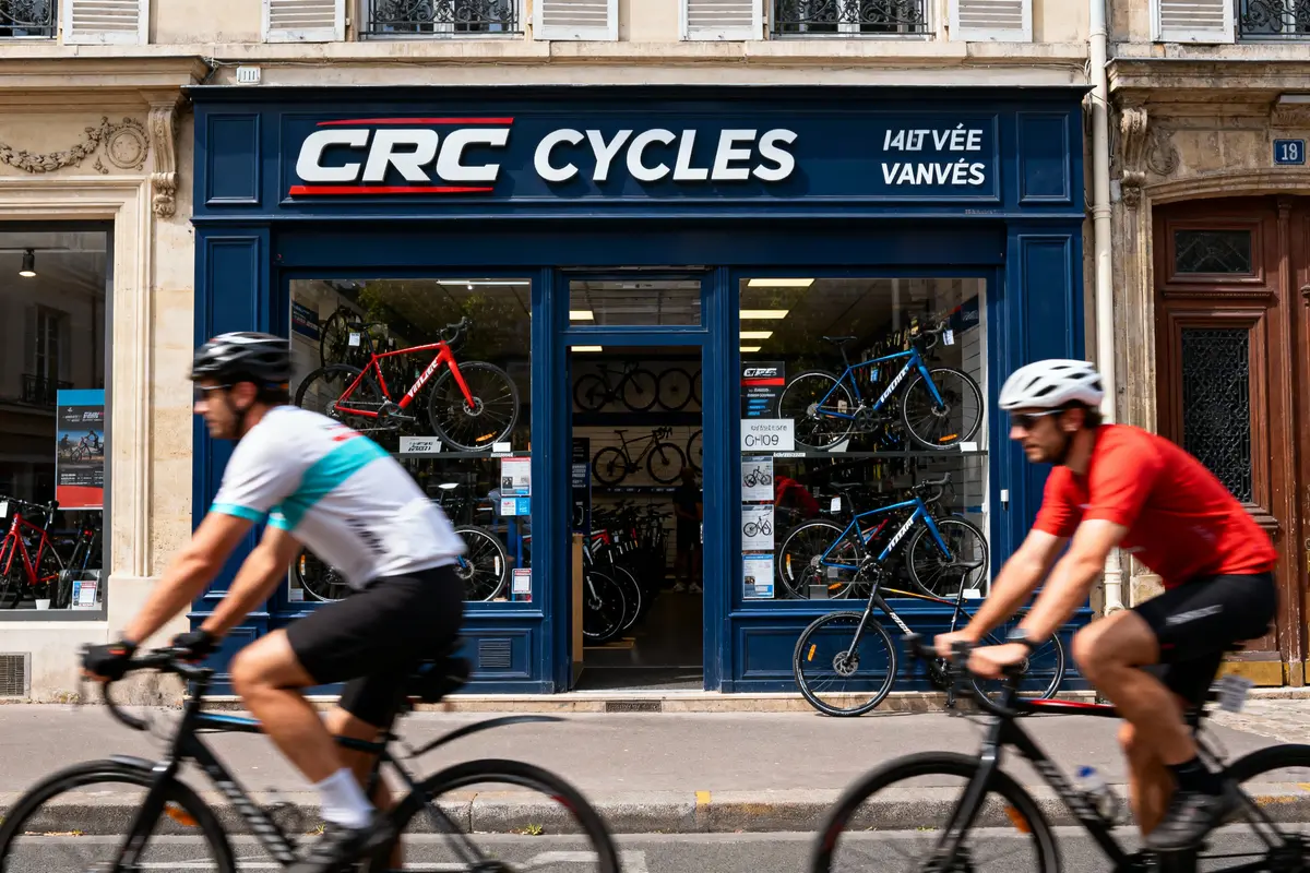 Deux cyclistes passent devant une boutique de vélos, affichant divers modèles dans la vitrine.