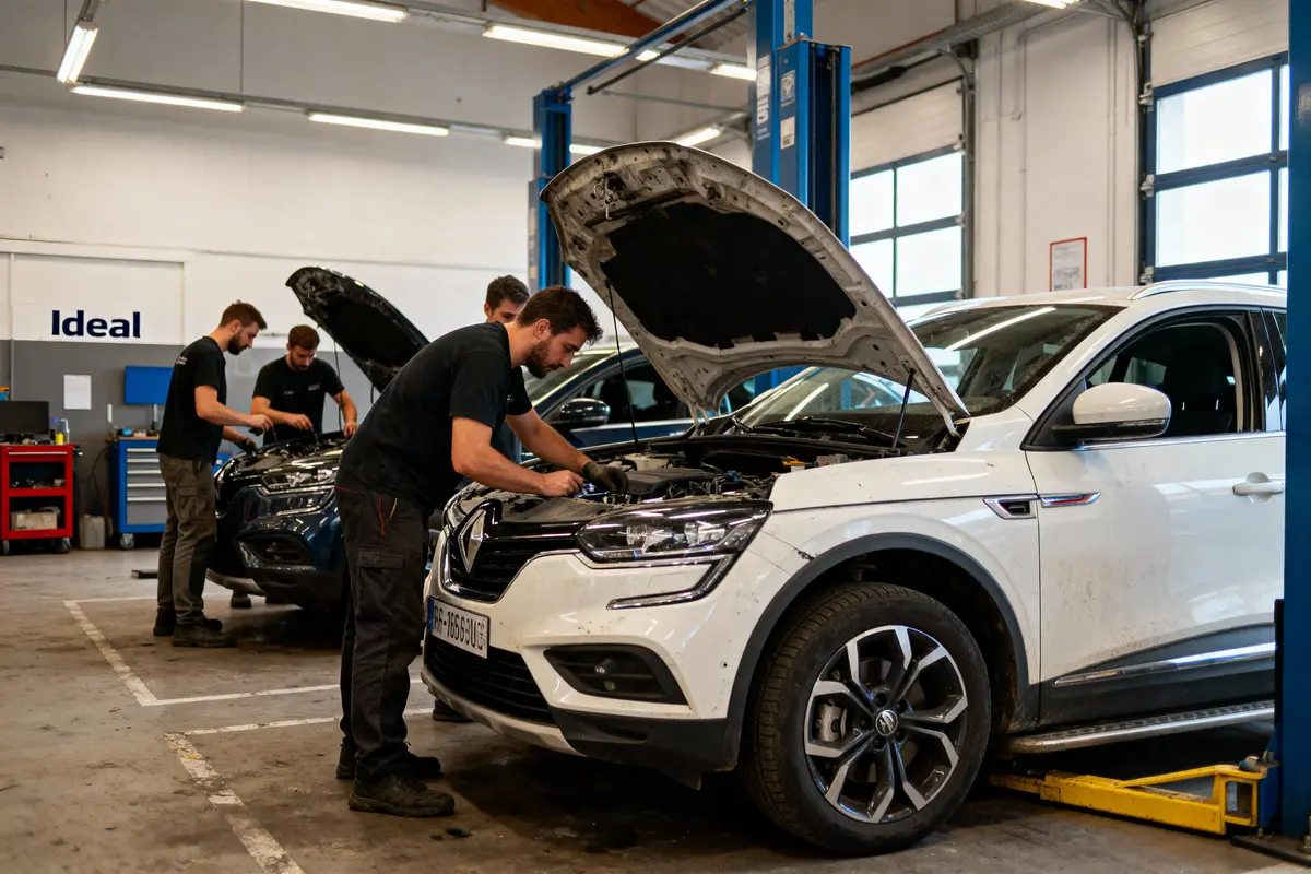 Mécaniciens travaillant sur des voitures dans un garage automobile, capots ouverts, équipement de levage visible.