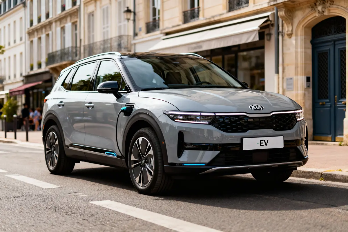 SUV Kia électrique gris, garé dans une rue urbaine avec bâtiments en arrière-plan. Plaque EV visible.