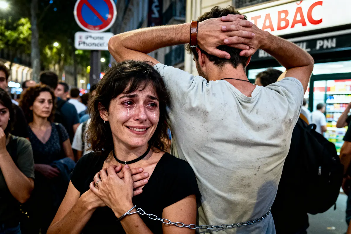 Femme enchaînée pleurant, entourée de personnes, devant un magasin, dans une rue animée la nuit.