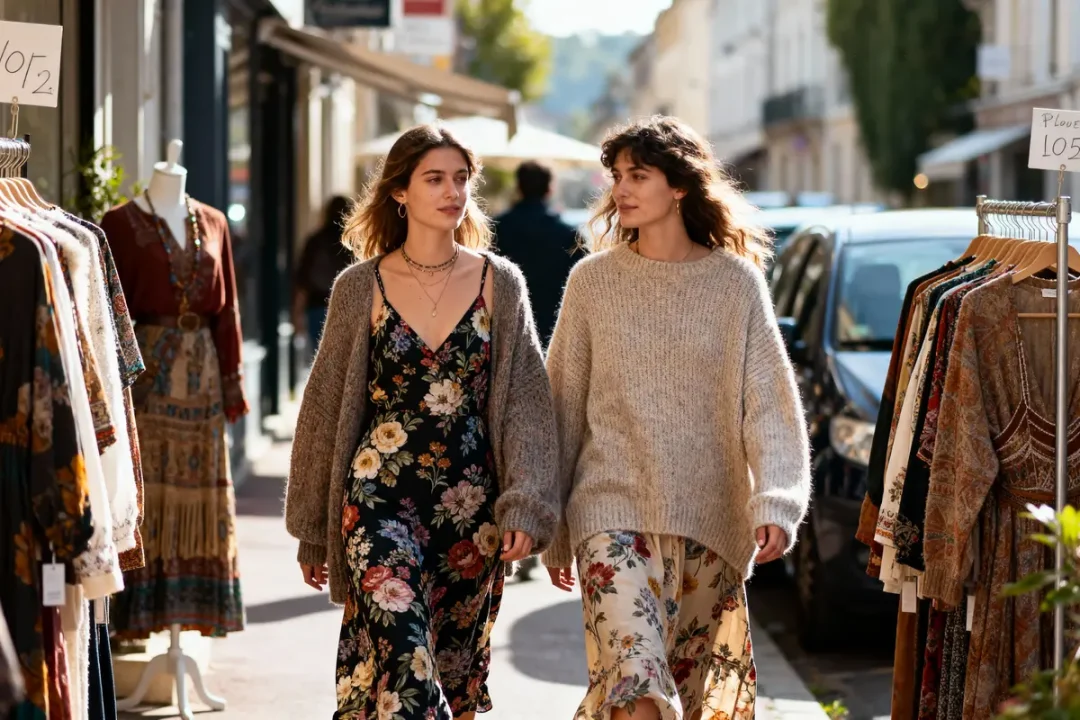 Deux femmes marchent dans la rue, portant des robes fleuries et cardigans, entourées de boutiques de vêtements.