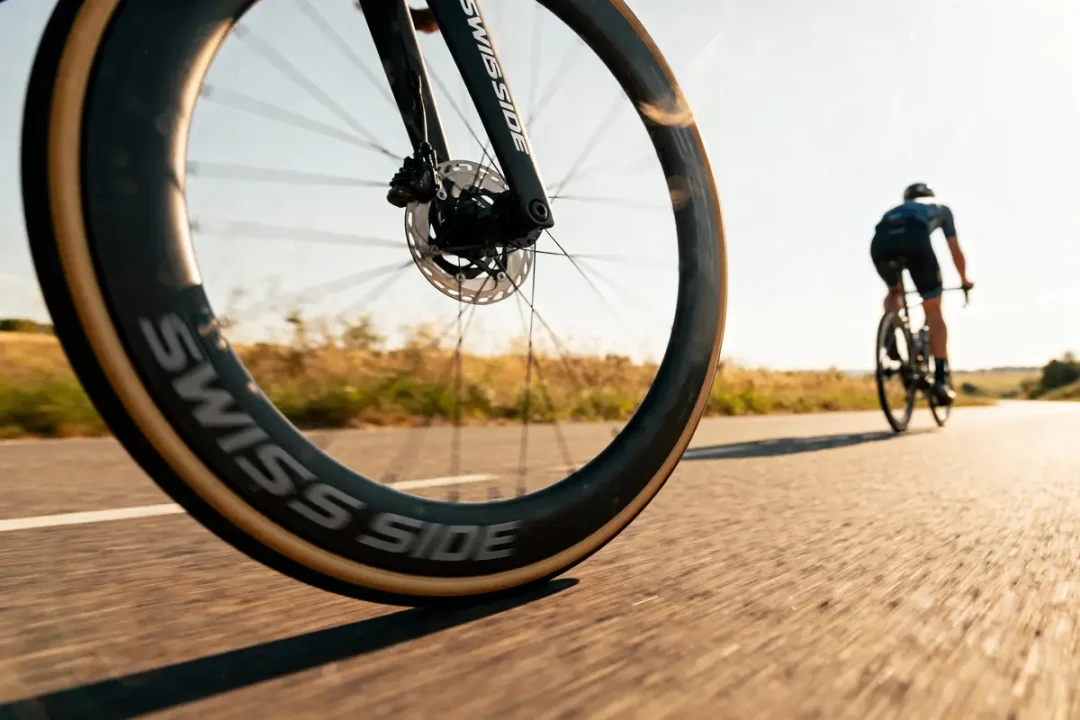 Gros plan d'une roue de vélo sur route, cycliste en arrière-plan sur route ensoleillée.