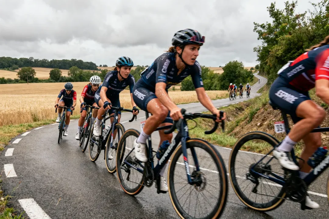 Cyclistes en compétition sur route sinueuse sous ciel nuageux, champs de blé en arrière-plan.