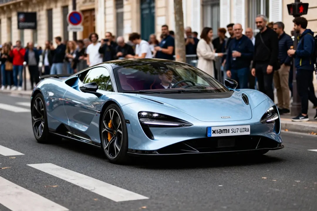 Voiture de sport bleue sur route avec spectateurs, signalisation urbaine en arrière-plan.