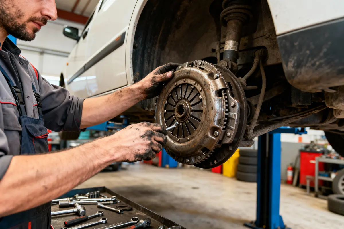 Mécanicien répare l'embrayage d'une voiture levée, outil à la main, dans un atelier automobile.