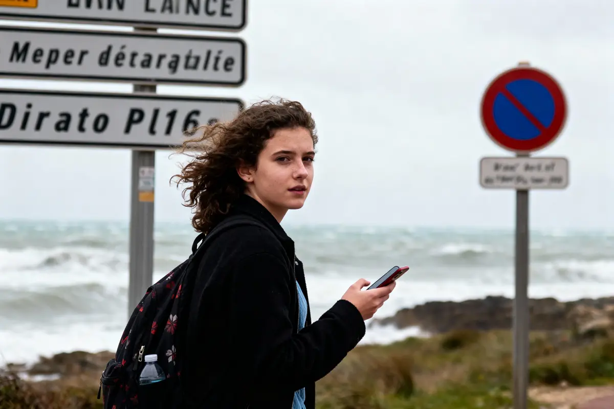 Une personne avec un téléphone marche près de la mer, panneaux de signalisation en arrière-plan.