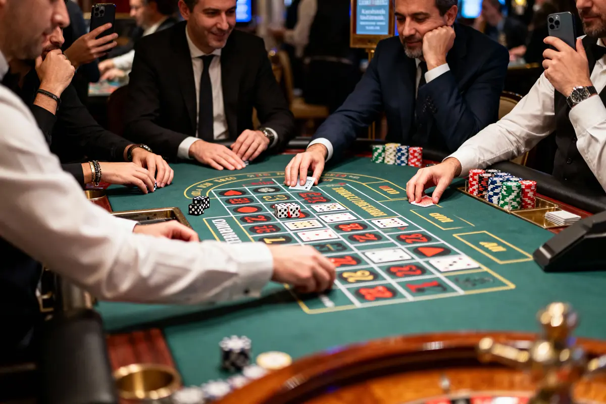 Des personnes jouent à la roulette dans un casino, jetons et dés visibles sur la table de jeu.