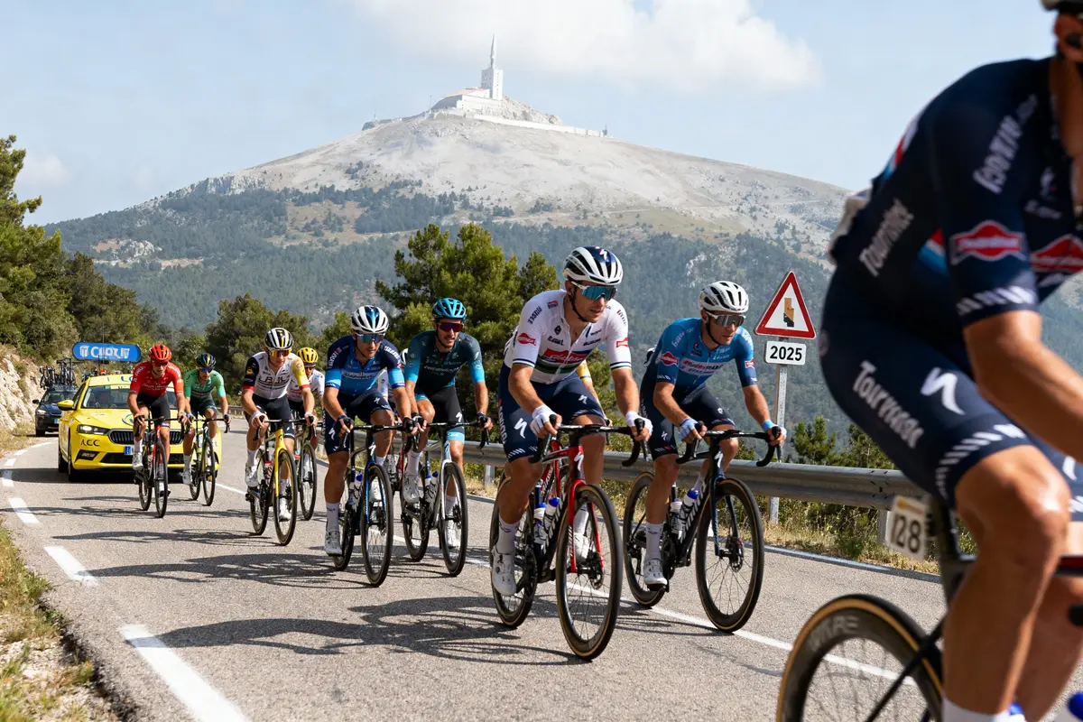 Cyclistes sur route montagneuse, Mont Ventoux en arrière-plan, suivi par voiture. Panneau avertissement visible.