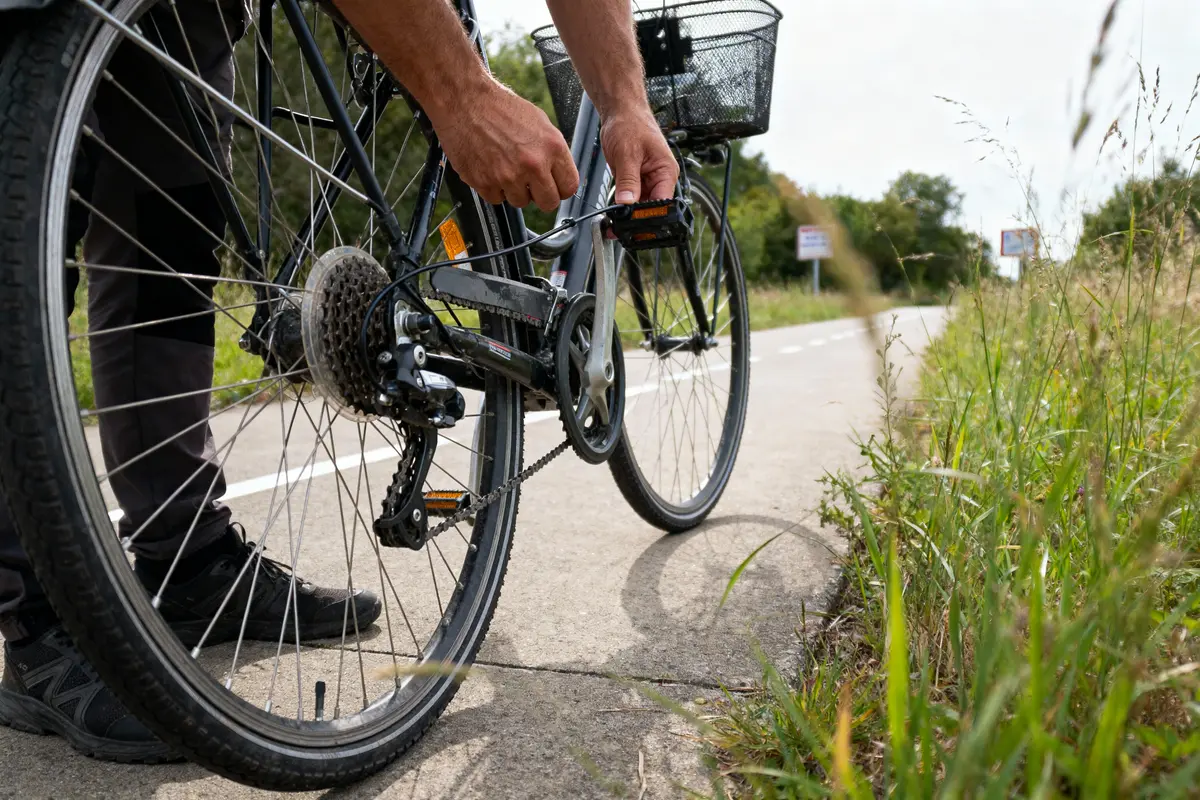 Homme réparant pédale de vélo sur piste cyclable, entourée de verdure.