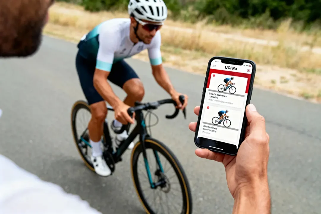 Cycliste sur route, téléphone affichant site UCI avec contenu lié au cyclisme.