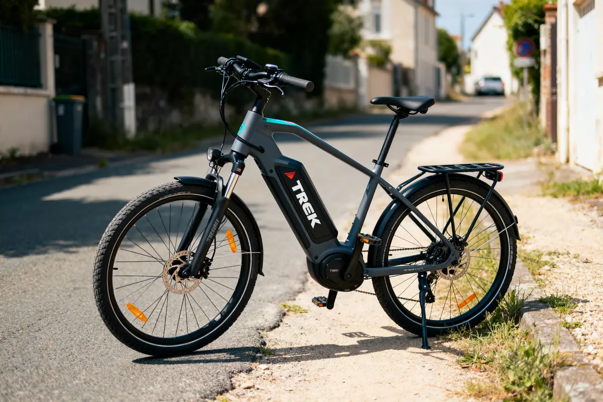 Vélo électrique Trek gris stationné sur une route de campagne, sous le soleil, près de buissons.