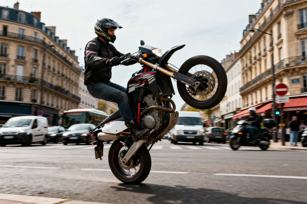 Motard effectuant une roue arrière en ville, circulant entre voitures et bâtiments historiques. Circulation autour.