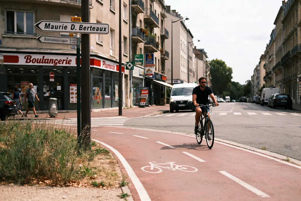 Cycliste sur piste cyclable en ville, passant devant boulangerie, pharmacie, voitures et piétons.