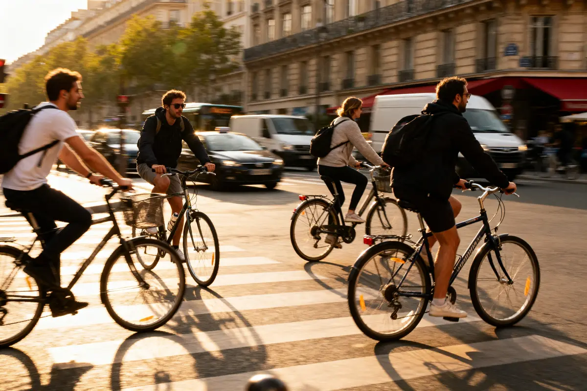 Quatre cyclistes traversent un passage piéton sur une avenue urbaine ensoleillée, entourée de trafic automobile.