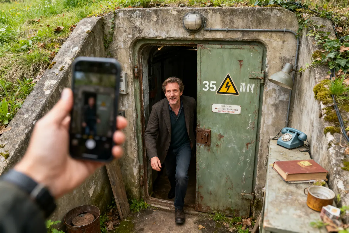 Homme sortant d'un bunker souterrain, filmé par une personne tenant un smartphone en premier plan.
