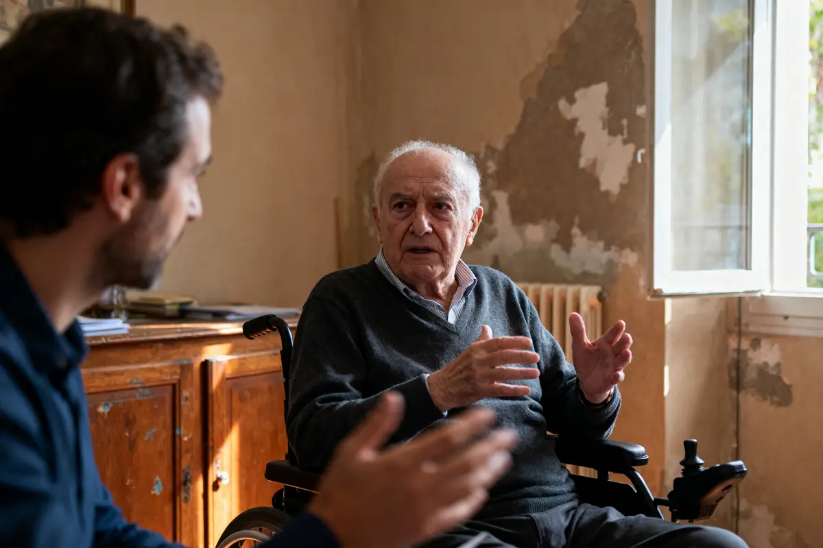 Un homme âgé discutant avec un homme plus jeune, dans une pièce intérieure ensoleillée, murs abîmés visibles.