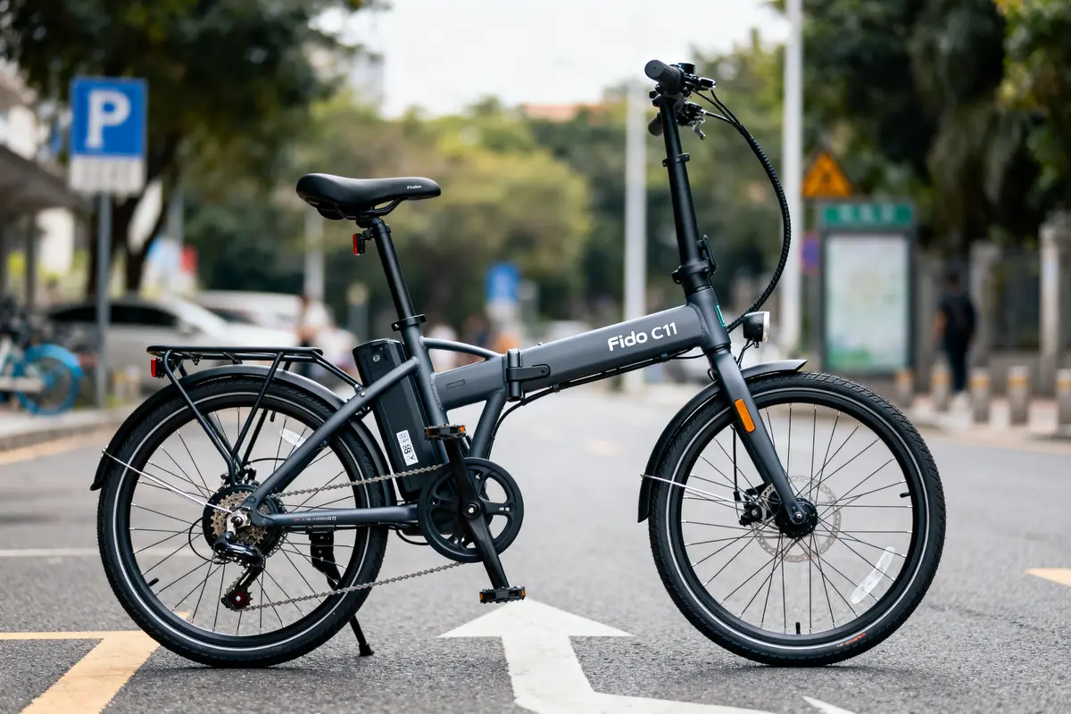 Vélo électrique noir Fido C11 sur route, avec panneau de stationnement en arrière-plan.