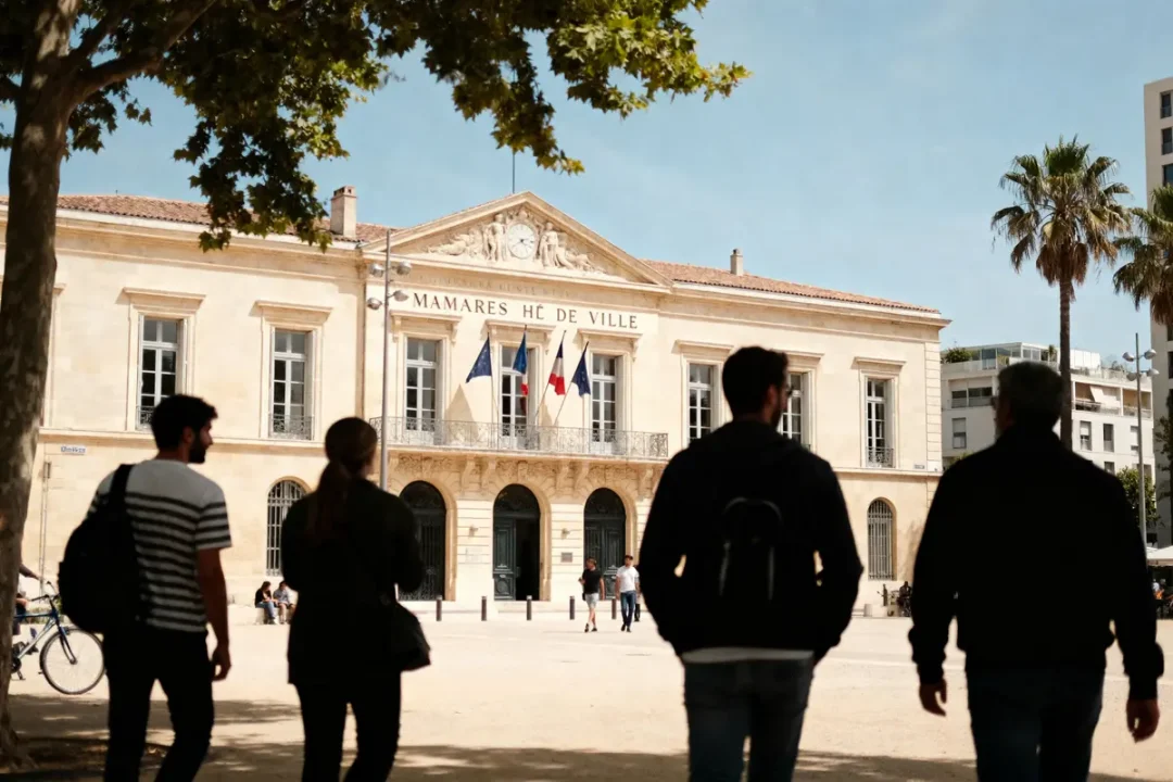 Quatre personnes devant un bâtiment de type hôtel de ville avec drapeaux français et européens, arbres.