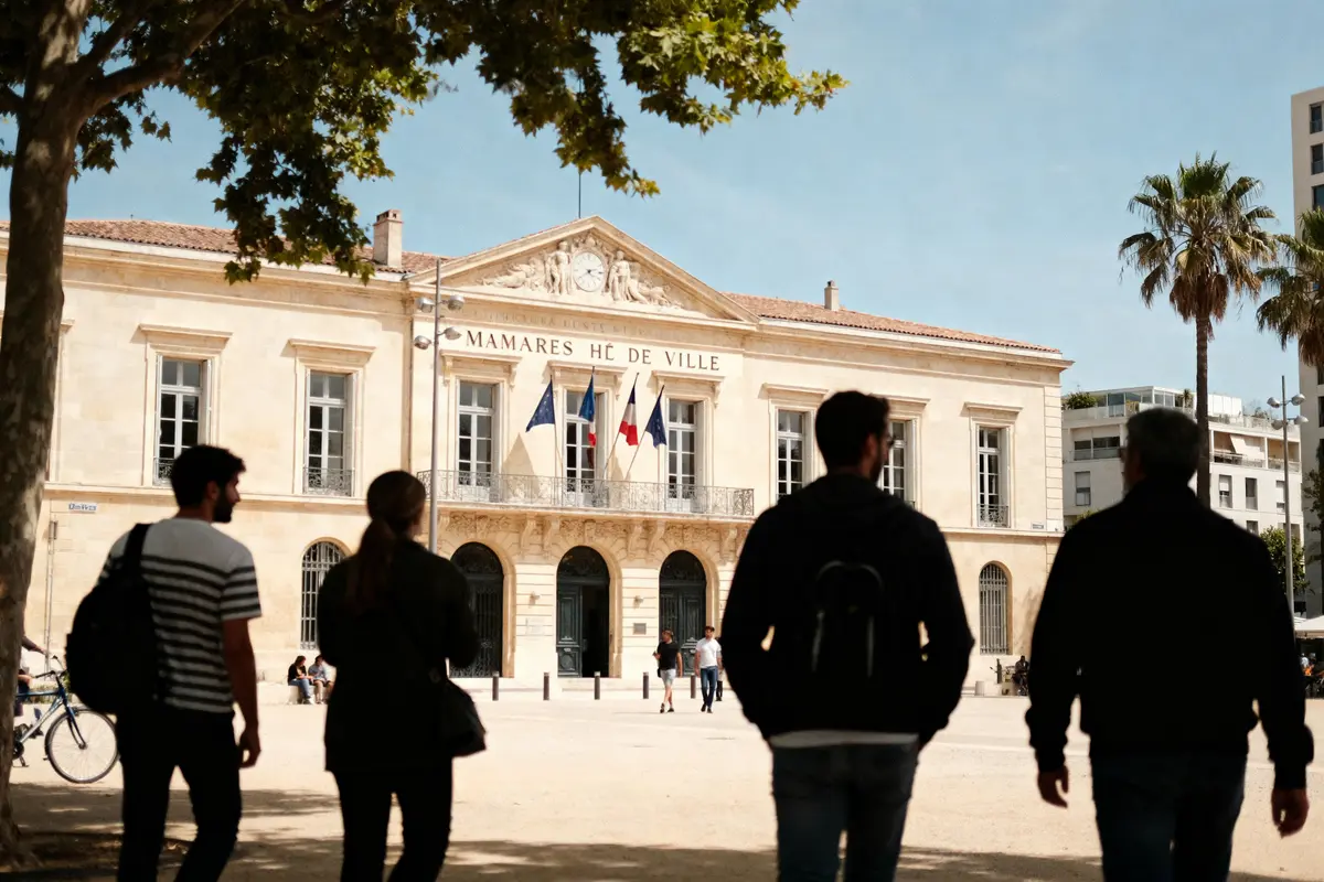 Quatre personnes devant un bâtiment de type hôtel de ville avec drapeaux français et européens, arbres.