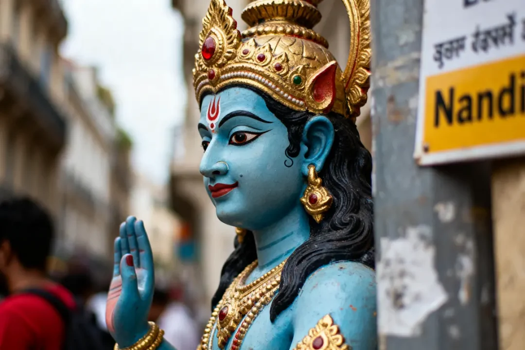 Statue bleue de divinité hindoue en extérieur, couronne dorée, ornements, fond urbain flou.